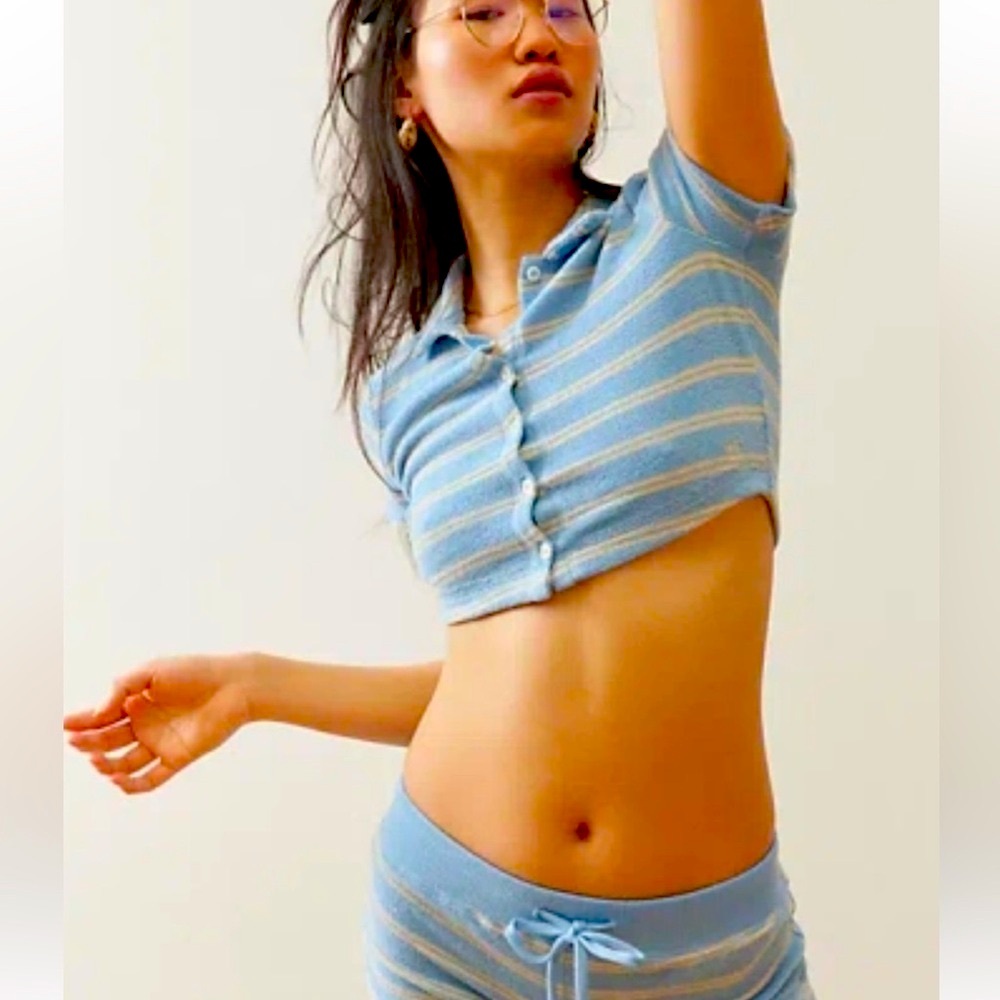 Out From Under Urban Outfitters Blue Striped Airy Terry Cropped Polo Shirt XS
